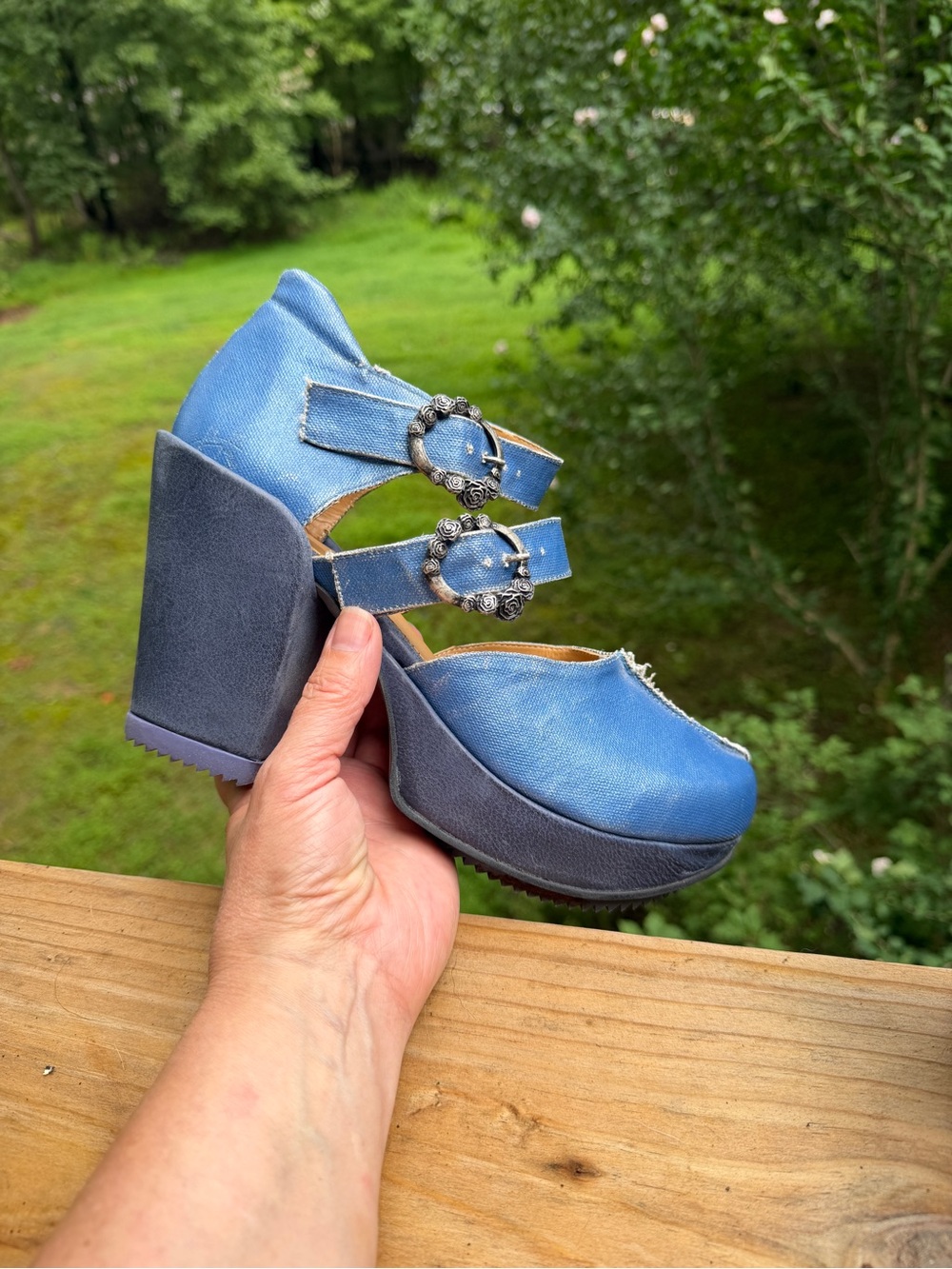 John Fluevog Light Blue Denim Platform Mary Jane Clogs - Picture 8 of 12